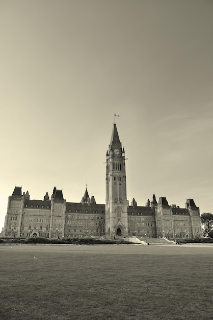 Parliament Hill building in black and white in Ottawa, Canada