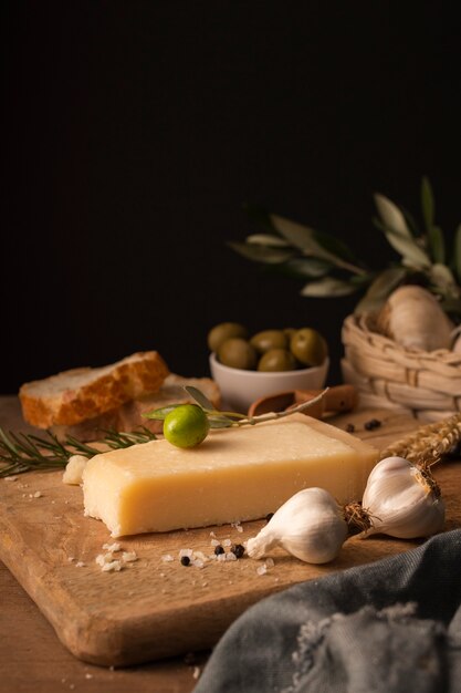 Parmesan and garlic on cutting board