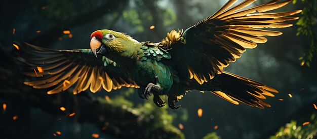 정글의 앵무새 정글에서 날아다니는 아름다운 녹색 앵무새