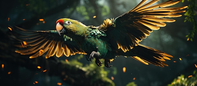 Parrot in the jungle Beautiful green parrot flying in the jungle