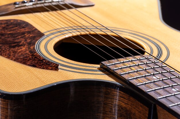 Part of an acoustic guitar, guitar fretboard with strings on a black background.