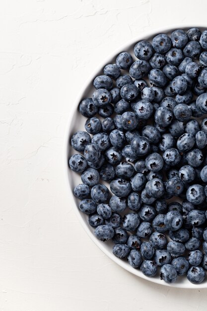 Partial view of a white plate filled with blueberries on white