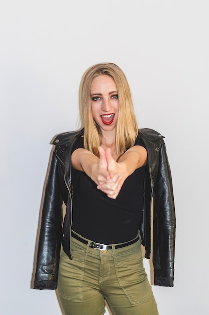 Free photo party girl with leather jacket