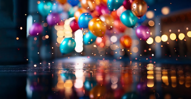 Party image of balloons and confetti in room with lights and reflections