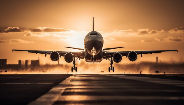 AIが生成した夕暮れの空に離陸する旅客機