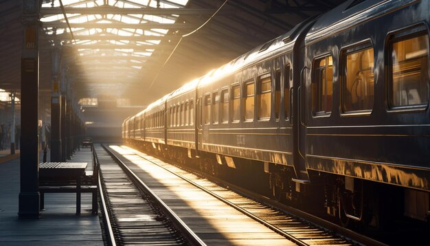 AIによって生成された都市の消失点を通過する旅客列車