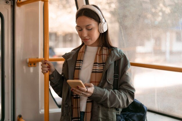 Passenger travelling the city by tram