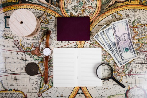 Паспорт и дневник с антикварным оборудованием на карте мира