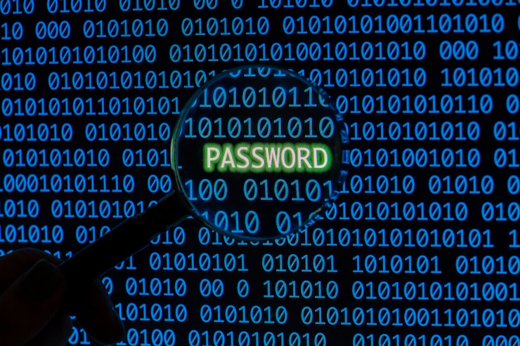 Free Photo password with binary code and hand holding magnifying glass