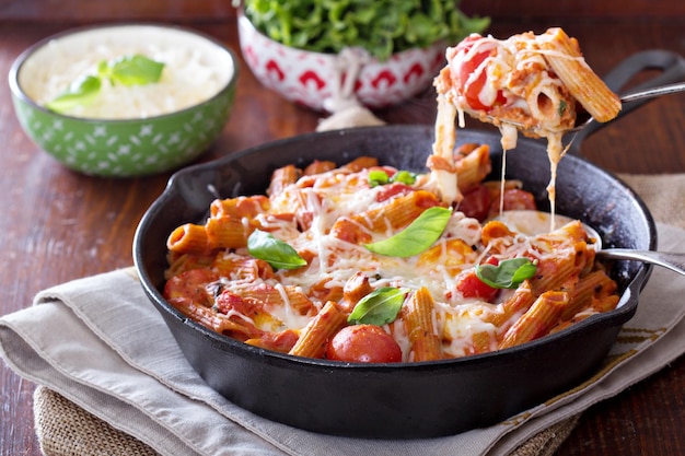 Free photo pasta bake with penne tomatoes and mozarella