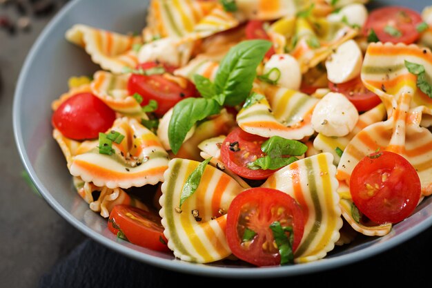 Pasta colored farfalle salad with tomatoes, mozzarella and basil.