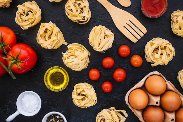 Pasta ingredients near spatula