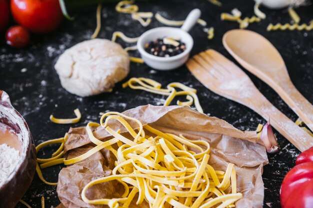 Pasta lying on kitchen table