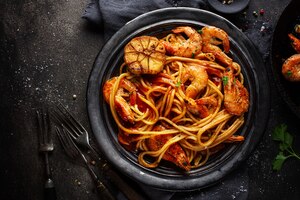 Макаронные изделия спагетти с креветками и соусом