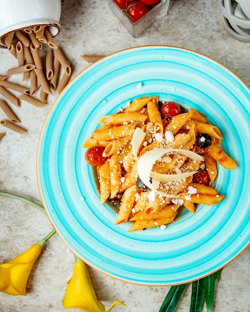 Pasta with Tomato Sauce, Olives, and Grated Parmesan – Top View