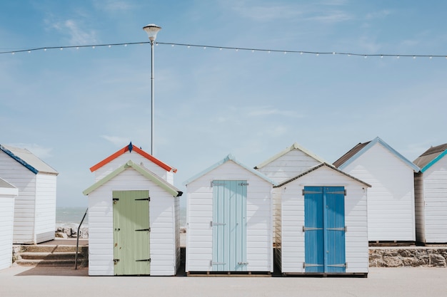 Pastel beach huts by the beach