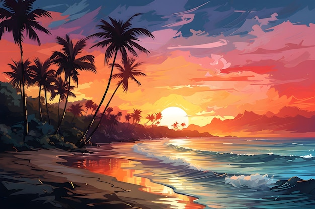 Foto gratuita disegno di illustrazione del tramonto della spiaggia estiva in pastello