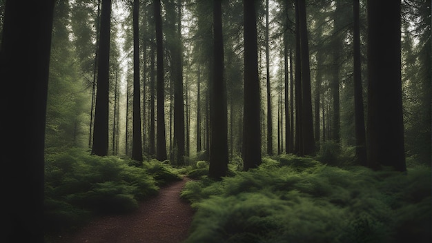 Foto gratuita un sentiero in una foresta oscura con alberi ad alto fusto sullo sfondo