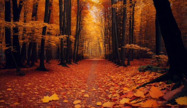 A path in a forest with leaves on it