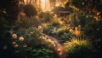 Foto gratuita un percorso attraverso un giardino con fiori e una casa sullo sfondo