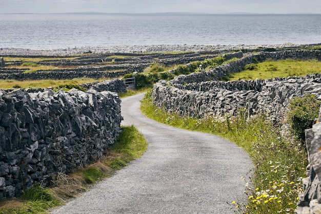 アイルランドの日光の下で岩と海に囲まれたイニシアーの小道