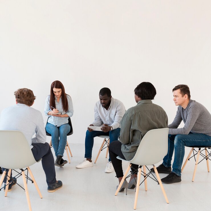 Free Photo patients standing in circle and reading