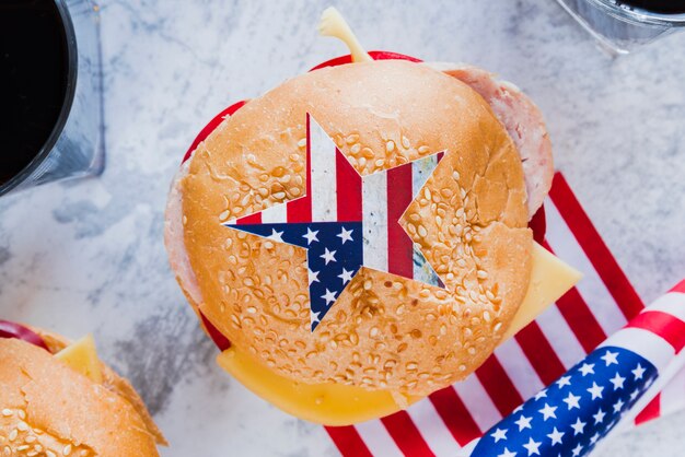 Patriotic cheeseburger with American flag