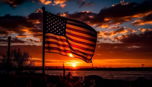 Патриотический восход американского флага в силуэтном пейзаже, созданном ИИ