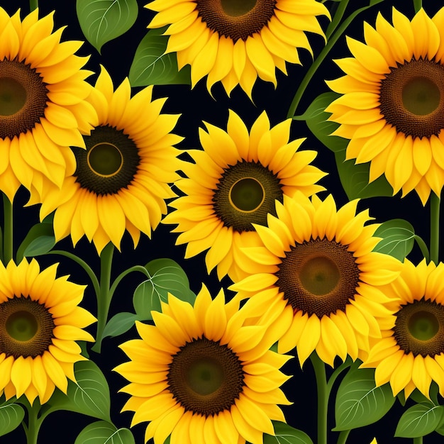 A pattern of sunflowers with green leaves on a black background