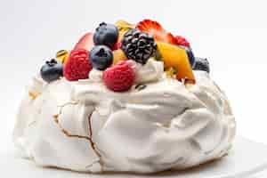 無料写真 白い背景に新鮮なベリーのトッピングとホイップクリームとメレンゲの層を持つパブロバケーキai生成