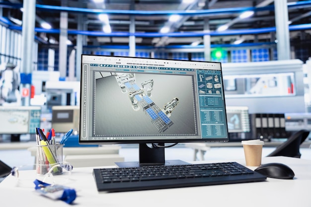 PC screen in solar panels manufacturing plant used to study solar energy systems