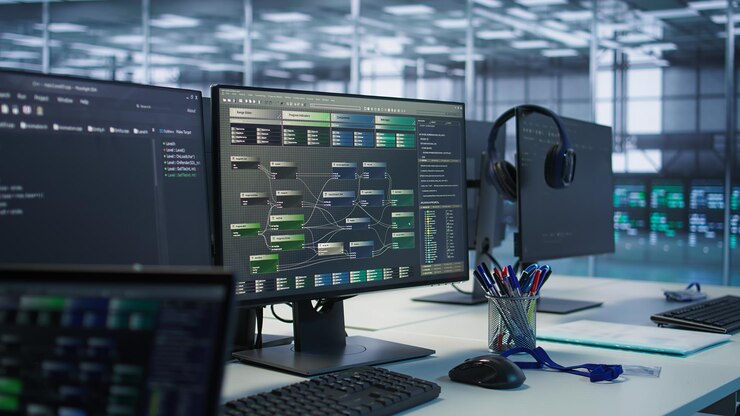 Free Photo pc screens on server hub office desk showing programming software close up