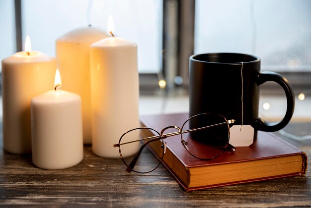 Peaceful winter arrangement on wooden table