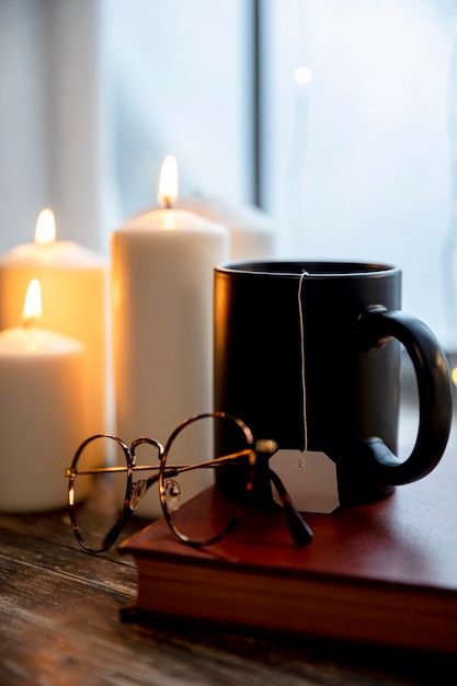 Peaceful winter assortment on wooden table