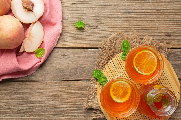 Peach tea Peach food and beverage products Food nutrition concept.