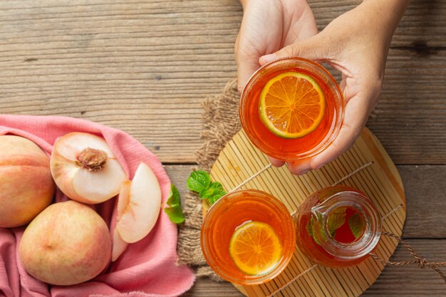 Peach tea Peach food and beverage products Food nutrition concept.