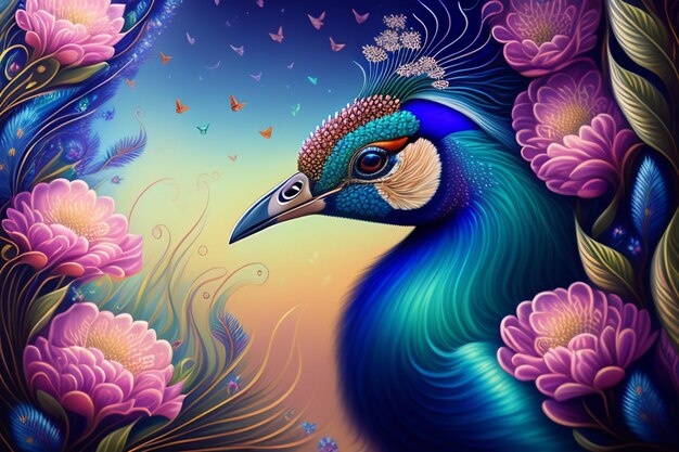 A peacock is surrounded by flowers and butterflies.