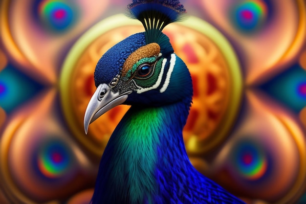 A peacock with a blue head and green feathers on its head