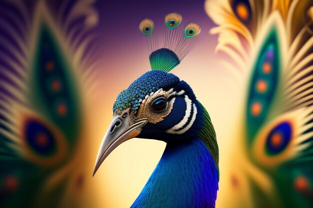 A peacock with a blue head and green feathers on its head