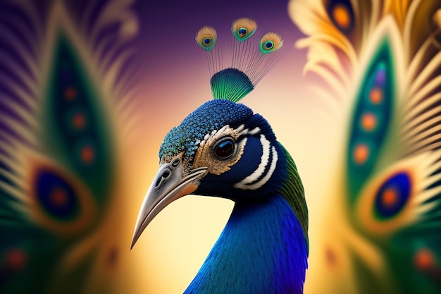 A peacock with a blue head and green feathers on its head