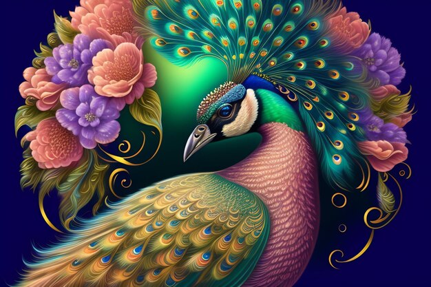 A peacock with a colorful peacock on the background of a dark blue background.