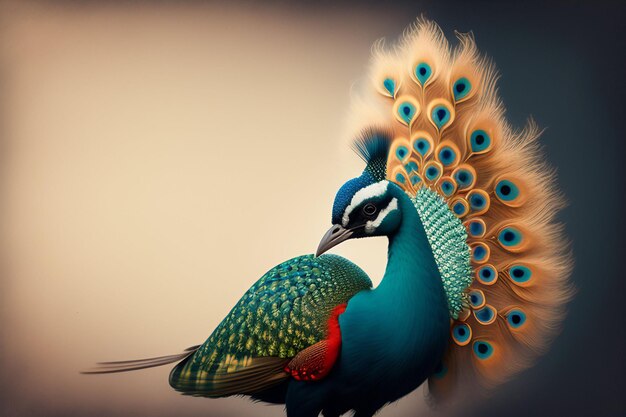 A peacock with a colorful tail is shown with a brown background.