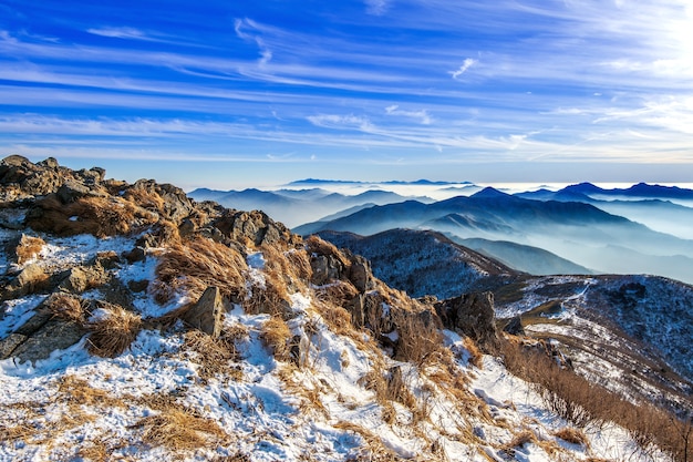韓国、冬の德裕山の山頂冬の風景
