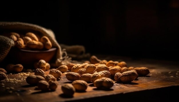 Free photo peanuts on a wooden table with a bowl of peanuts in the background