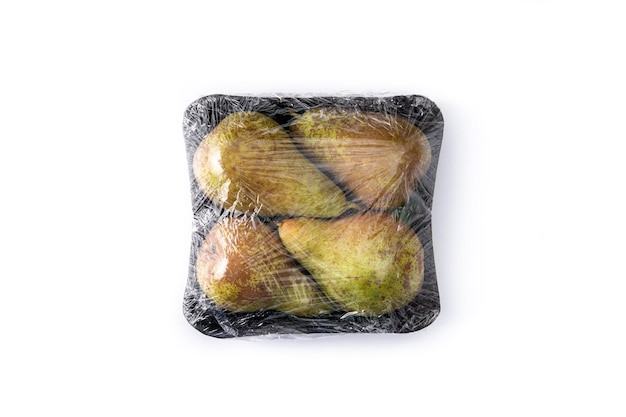 Pears packaged in plastic isolated on white background