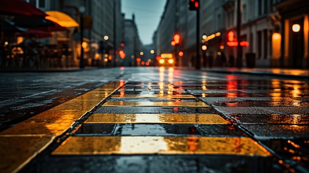 Pedestrian crossing road in rain at city street