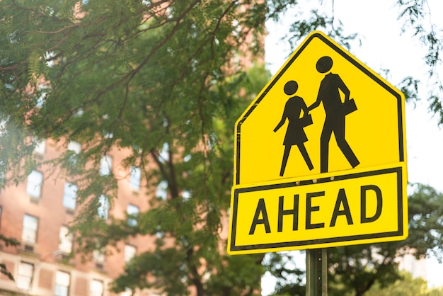 Pedestrian crossing sign with blurred background