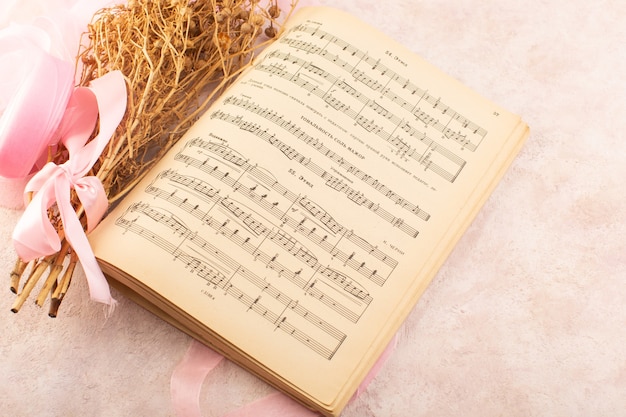 ピンクの弓とピンクのテーブル植物写真色音楽の音楽ノートお手本とペガナムハララ植物