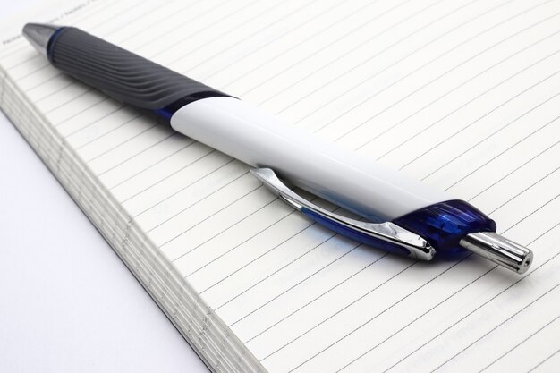 수평선이있는 열린 노트에 펜을 꽂습니다.