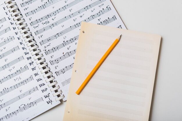 Pencil and mpty pages on sheet music